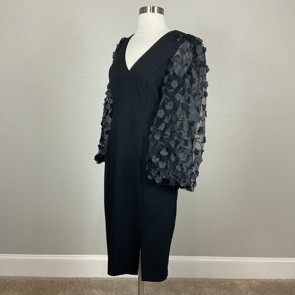 Eliza J Black Long Sleeve Cocktail Dress Size 6 Black 3D Floral Midi Sheath - Picture 4 of 14
